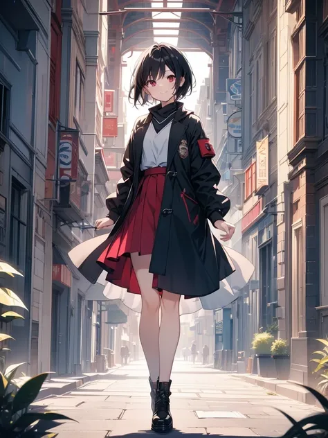 masterpiece, highest quality, highest quality, (no text), Beautiful and aesthetic:1.2),no text,anime、break,anime、break、 one girl、 Dark Haired Girl Short Hair 　 Slit Eyes Boyish 　adult　 beautiful eyes　red eyes, cool smile　 skirt　　 Black Coat　Full Body Outdo...