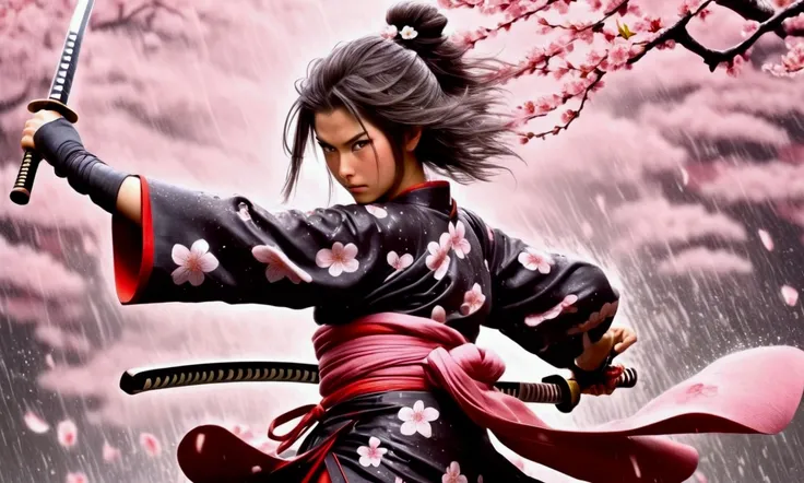 a cute sexy samurai (cute, age 25, battle hairstyle, sexy fighting robes legs exposed, katana) is in a fighting stance, she is practicing her weapon katas in a rain of cherry blossom petals, heavy rain of flower petals, many cherry blossom petals, show all...