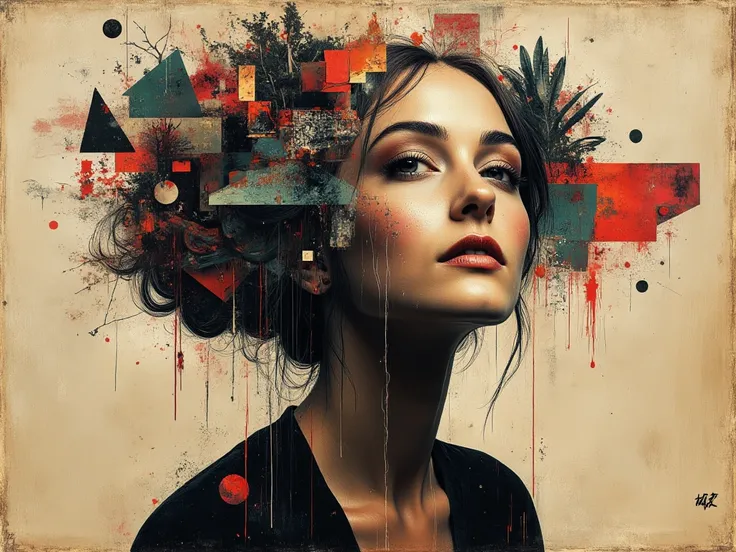 A surreal portrait of a woman with abstract geometric shapes and patterns. The background has a textured