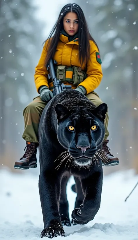 A Very Beautiful Brazil Unreal Beauty Face Young Woman Wearing Brazil Army Yellow Uniform Sitting On The Giant Hieght Black Panther, Giant Panther Walking On Snow, Soldier Woman Holding A Sniper In Her Hand, Unreal Face Beauty, Unreal Skin, Unreal Eyes, Lo...