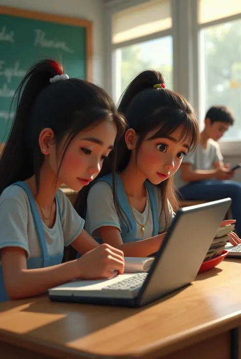 An image of 3 people of 17  (2 women and a man)  sitting in a school classroom 
A girl reading , Another girl typing  , A boy looking at his phone 
lifelike
With Bolivian traits
