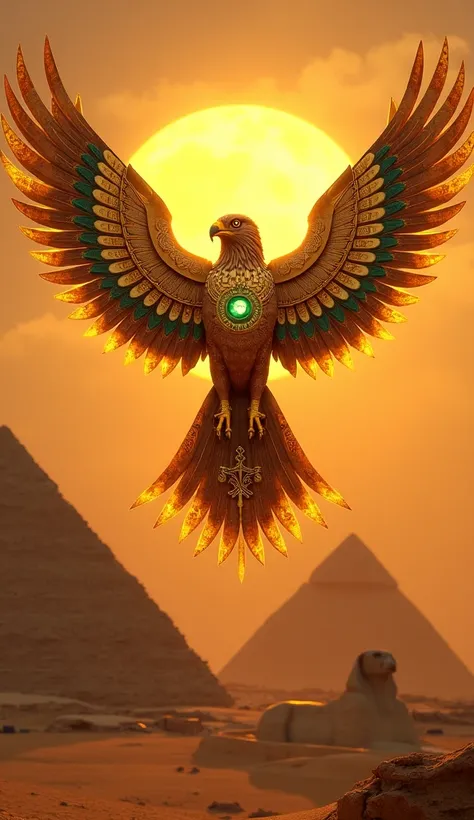 Egypt: Solar Falcon of the Ancients (Horus)
Hyper-Realistic Design:
A solar falcon representing the god Horus, with feathers made of molten gold that ripple and shimmer like liquid metal in the desert heat. Its piercing eyes glow like twin suns, with iris ...