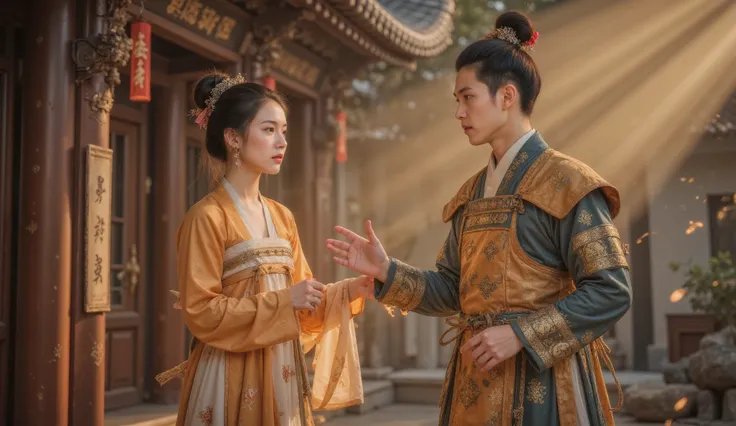 Tang Dynasty,Girl wearing Hanfu,男孩身披Tang Dynasty铠甲, ready to go to the frontier ,Girl says goodbye with tears 。 can be shot with backlighting ,突出男孩Tang Dynasty铠甲的轮廓和女孩含泪的眼神。