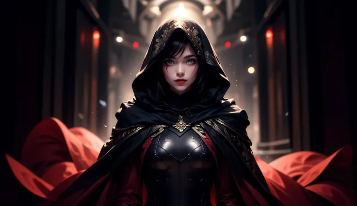 A mysterious (A mysterious and captivating woman hidden beneath a flowing black cloak with golden embroidery. Her hood partially obscures her face, revealing only her striking, glowing green eyes and high cheekbones. Her lips are painted a deep crimson, ad...