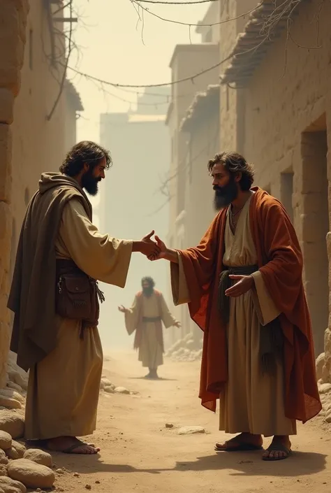 Finally the disciple of Jesus called the blind man and said to him: “Strengthen your heart, stand up, he calls you.” To bartimeus (Jesus disciple gives his hand to bartimeus) 