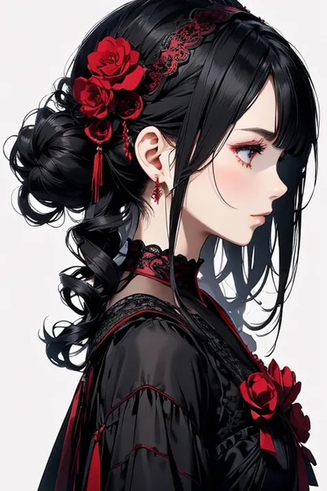  black and red lace dress、cute、Villainess、 Headband、 profile、Judge your audience、 profileのアップ、Beautiful hair ornaments.((Strong details)).