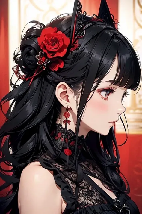  black and red lace dress、cute、Villainess、 Headband、 profile、Judge your audience、 profileのアップ、Beautiful hair ornaments.((Strong details)).