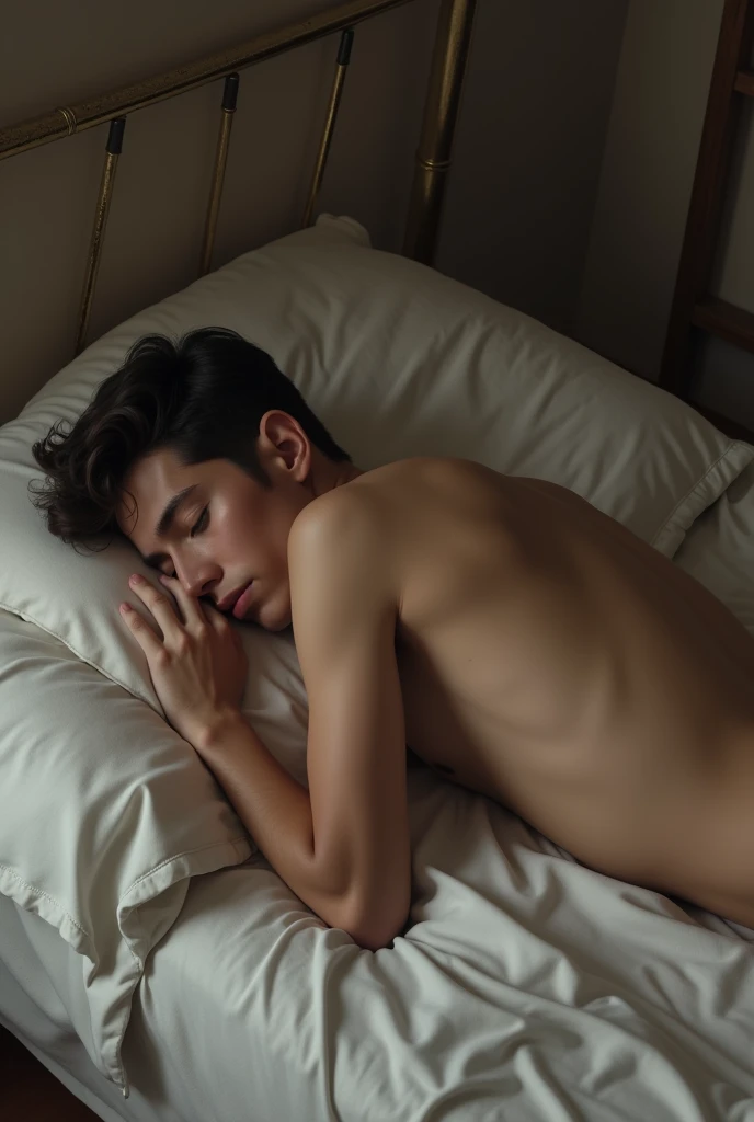 Naked twink laying in bed on belly