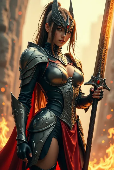 (8k,    best quality, masterpiece), (Realistic, photoRealistic: 1.37),  super detailed,    one girl who is at ease  , { Phoenix Knight holding a sword pattern with both hands  }, Wide angle ,   Big bouncy breasts   ,   Very delicate depiction   ,    MINIAT...