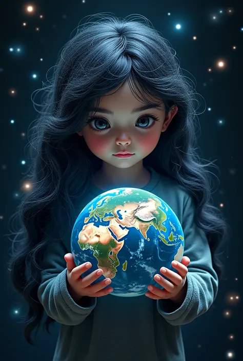 (photorealism:1.2), A cute girl with black galaxy-colored hair like the night sky stands in space, holding onto the world with both hands. Around her is a black galaxy-colored energy. 