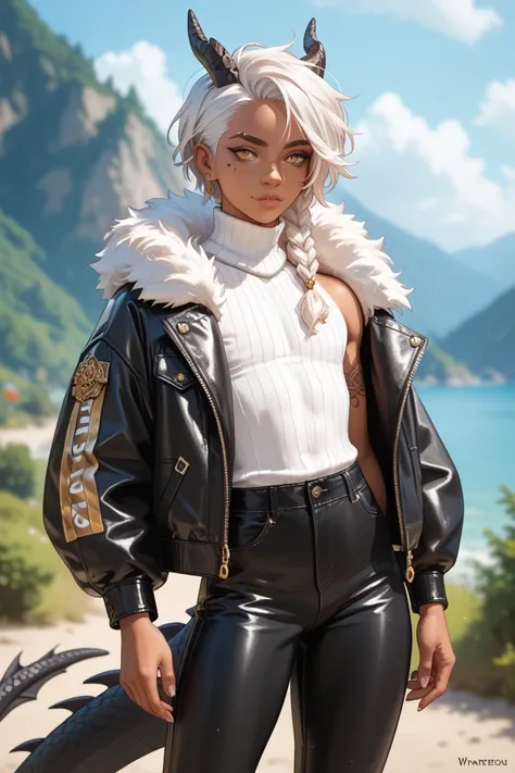 Femboy, human torso and head, scaled dragon legs and tail, solo character, black scales, white hair,  longish step mull hair, small braid on left side, rascal, bold, golden eyes, tan skin, masterpiece, best quality, eye scar, beauty marks, tattoo on right ...