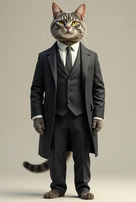 the cat is standing on his feet in a suit.