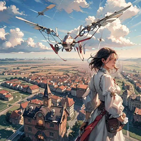 Sky, Above the Clouds, Flying City, rectangular plate-shaped flying object, large drone, Large propeller with vertical orientation in all directions, Housing, field, Ranch, Steampunk