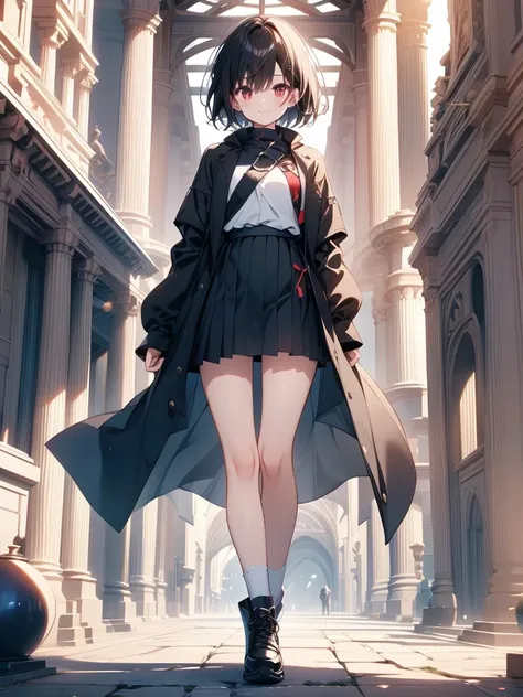 masterpiece, highest quality, highest quality, (no text), Beautiful and aesthetic:1.2),no text,anime、break,anime、break、 one girl、 Dark Haired Girl Short Hair 　 Slit Eyes Boyish 　adult　 beautiful eyes　red eyes, cool smile　 skirt　　 Black Coat　Full Body Outdo...