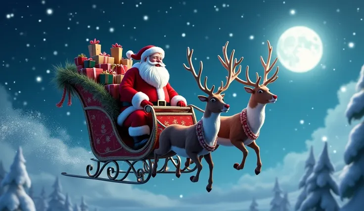 Santa Claus in a 3D Disney Pixar style cartoon flying in a sleigh full of gifts and being pulled by reindeer, in an 8k cinematic image