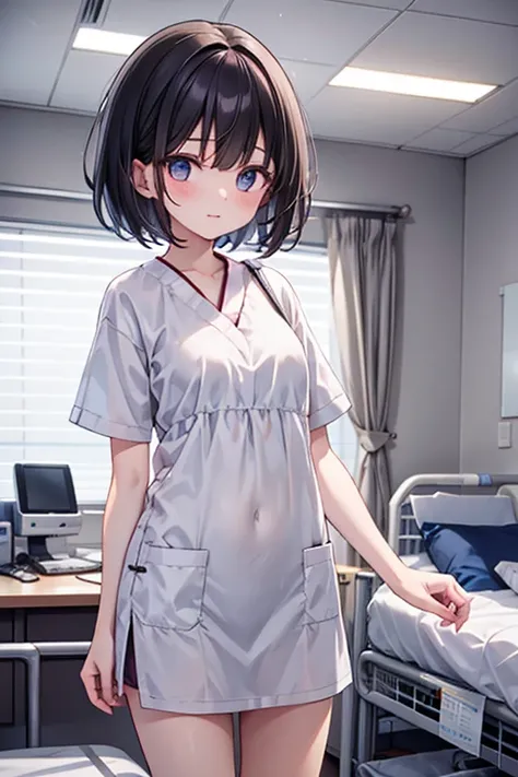 Girl in hospital room,Clothes without patterns, dark hair short hair,