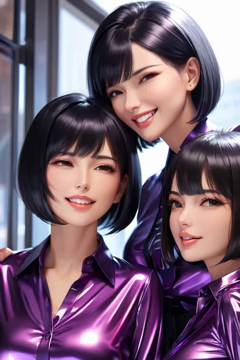 Mother and 2 daughters,  masterpiece,  black hair, Lens reflection, Reflected light, Buttoned into an extremely tight shiny purple metallic blouse,  high resolution , portrait, bob cut, Are in town, Grin, Make-up, kiss, Necktie 