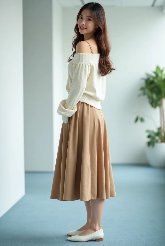 A high resolution, very detailed,best qualtiy, real photo,unified,8k wallpaper,best quality, 1 girl, alone, Autumn and winter outfits, Asian, Japanese, white flat shoes, long hair, brown hair. The background is blurred out, full body image, stand and Turin...