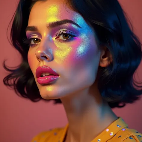 Créer moi limage dune belle femme au maquillage très prononcé, très coloré. fard à paupière jaune à paillette. fard à joue rose et brillant holographique. reflet holographique multicolore sur le visage. cheveux noir carré reflet holographique bleuté. elle ...