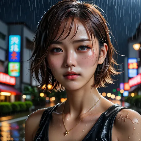 ((  best quality 、masterpiece:1.3))、 sharp concentration:1.2、(Realistic、Photographically:1.37)、 beautiful woman、 high definition face and skin texture、Beautiful eyes and double eyelids、Short hair that gets wet easily、  Bust、 small necklace 、Rain-soaked sle...