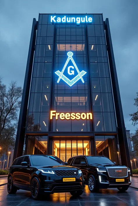 "A majestic modern Freemason building with an upper section made entirely of reflective glass. The name KADUNGULE is written in glowing 3D blue letters at the top of the building. Below this, the word FREEMASON is displayed in glowing 3D gold letters. The ...