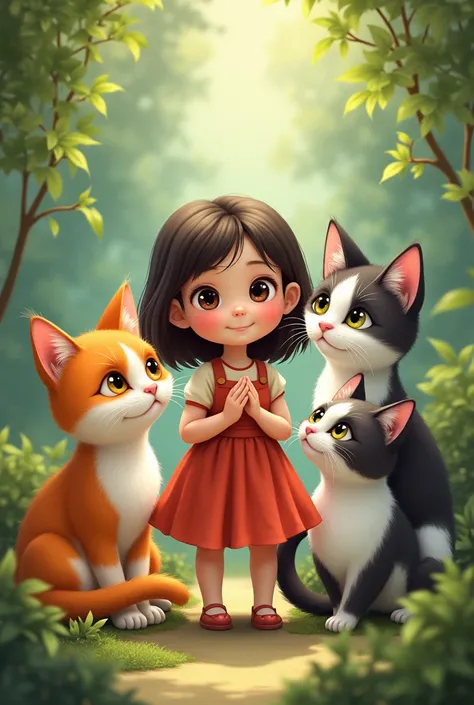 
 a girl in the middle and theres a cat around her the color of the first cat is orange,the second is white with orange, black and the third cat is Siamese cat and last cat color is white and black with Gray 