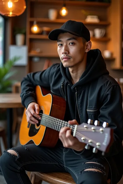 Indonesian man handsome face short hair wearing ripped jeans wearing dhegol baseball cap wearing boots wearing black hoodie wearing black bomber jacket sitting playing guitar in Coffee Shop elegant and natural with medium lighting face appears looking at c...