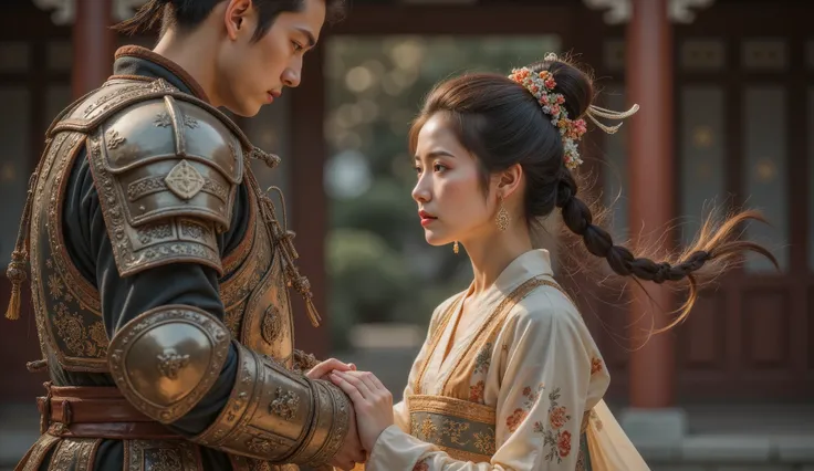 Tang Dynasty,Girl wearing Hanfu,男孩身披Tang Dynasty铠甲和(Leather Armor:1.1),, ready to go to the frontier ,Girl says goodbye with tears 。 can be shot with backlighting ,突出男孩Tang Dynasty铠甲的轮廓和女孩含泪的眼神。