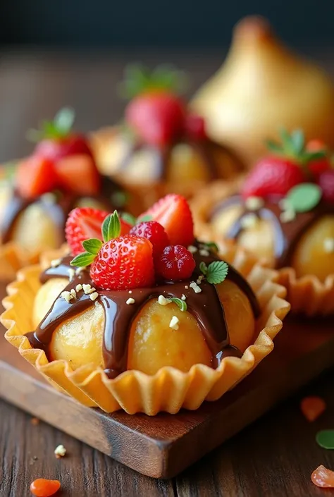 Traditional Pani puri but its fillings is small cuts of mixed fruits and with strawberry sauce and chocolate sauce