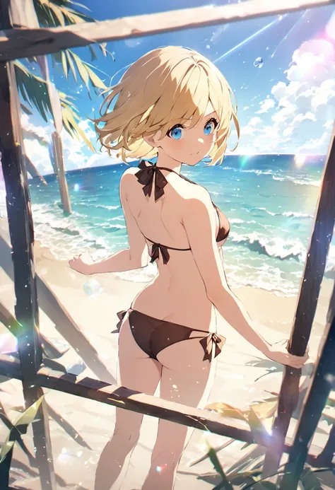 nsfw,  topless, (blonde bob hair blue eyes ),  ( one girl who is at ease:1.3), ( Youre Sexy :1.1), short hair,  brown hair,(メタリックブルーbikini, bikini:1.5), Round Eyes, (Chest:1.1),background ( beach ), ( stands at the center of the screen:1.1), Outdoor, The w...