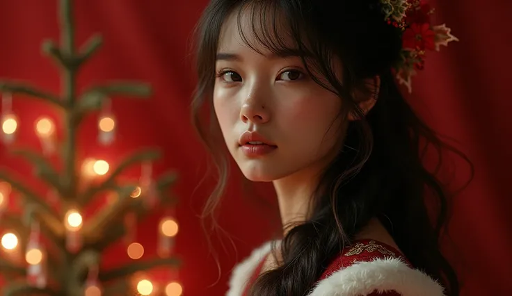 (  photorealism:1.2),   Beauty ,  long hair , I&#39;interior,  soft lighting, A  ,  Details are complicated ,  warm shades, Dark Eyes, 18 years old , Christmas costumes with only realistic faces,  red christmas background  