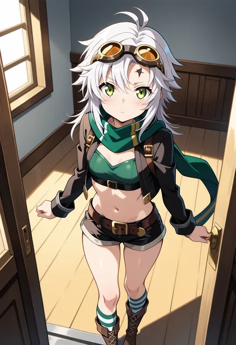 Fie Claussell,the_legend_of_heroes.white hair, medium hair, ahoge, green eyes, small breasts, petite, goggles on forehead, black jacket, green crop top, green scarf, short shorts, belt, striped socks, boots,　cowboy shot,
BREAK standing at viewer,indoors,fr...