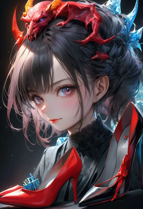 a sinister smirking beautiful girl with demon-like qualities, wearing high heels, holding an ice pick, illustration, intense focus, vivid colors, portrait, dark color palette, dramatic lighting, (best quality,8k,highres,masterpiece:1.2),ultra-detailed,(rea...