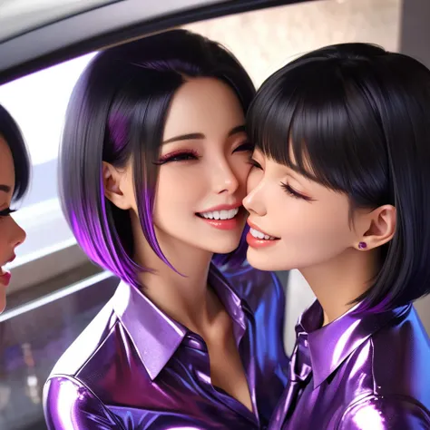 Mother and 2 daughters,  masterpiece,  black hair, Lens reflection, Reflected light, Buttoned into an extremely tight shiny purple metallic blouse,  high resolution , portrait, bob cut, Are in town, Grin, Make-up, kiss, Necktie 