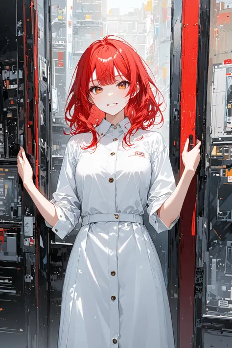 A full-body, standing illustration of a cute female VTuber character with red hair, designed for streaming use. The character is standing upright in a neutral pose with arms relaxed naturally at her sides, facing directly forward. She has a friendly and co...