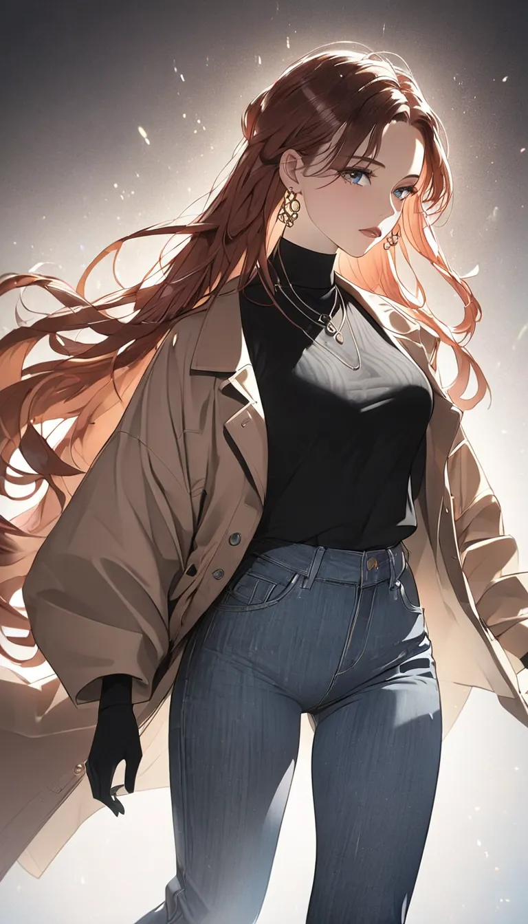 1girl, sunglasses, brown coat, dark turtleneck, small earrings, baggy jeans, plain background, 8k, highres, dramatic lighting, c...