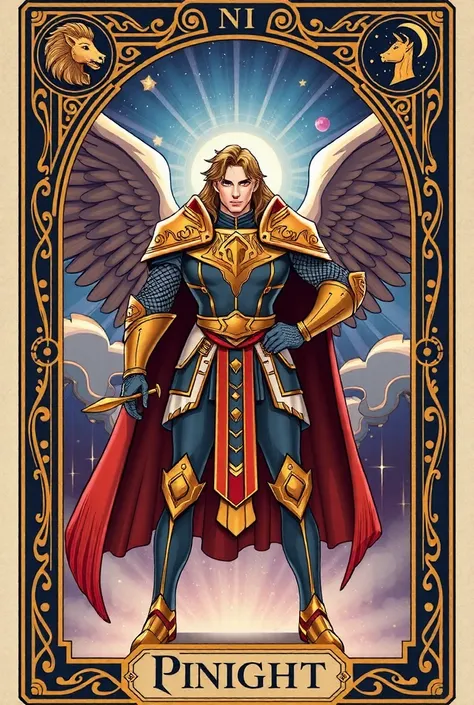 Create a tarot card inspired by the Knights of the Zodiac. The card should feature the Pegasus Knight in his signature armor, with zodiac symbols and mystical elements in the background. The design should incorporate vibrant colors and intricate details, c...