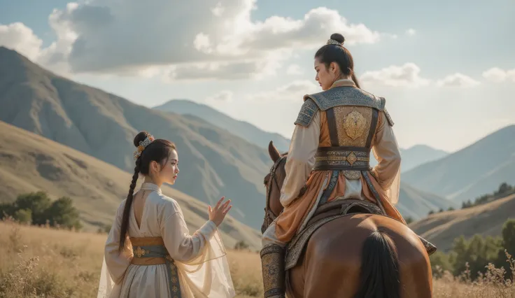 Tang Dynasty,Girl wearing Hanfu,男孩身披Tang Dynasty铠甲和(Leather Armor:1.1),,The boy rides a horse , and looks back at the girl , The eyes of the two are full of disappointment 。,Girl says goodbye with tears 。 and uses slow camera to capture the back of the boy...