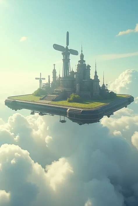 Sky, Above the Clouds, Flying City, rectangular plate-shaped flying object, The city aboard a large drone, Large propeller with vertical orientation in all directions, Housing, field, Ranch, Steampunk