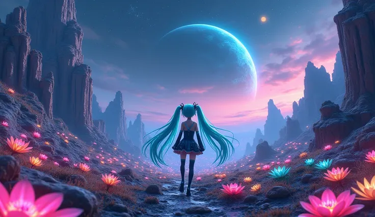 Create an imaginative and detailed 8K image featuring Hatsune Miku on a distant, otherworldly planet. The scene showcases Miku standing amidst a vibrant and mysterious alien landscape filled with bioluminescent plants and strange geological formations. She...