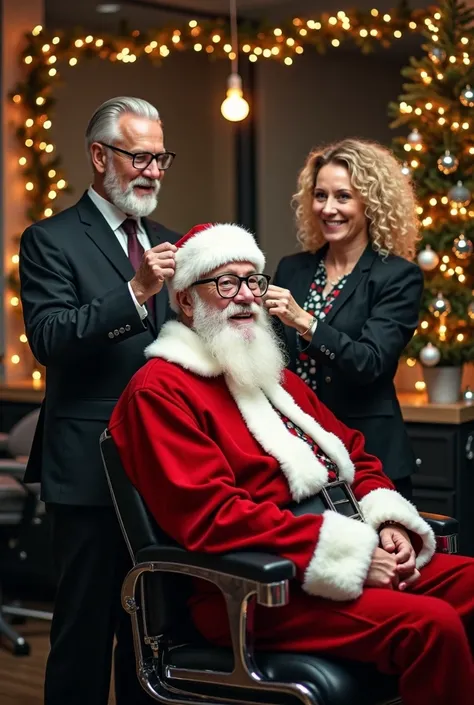 A modern and stylish hair salon decorated with a festive Christmas theme, featuring sparkling lights, garlands, and a Christmas tree in the background. At the center of the scene, a 60-year-old male barber suited in black with white hair, a white beard, an...