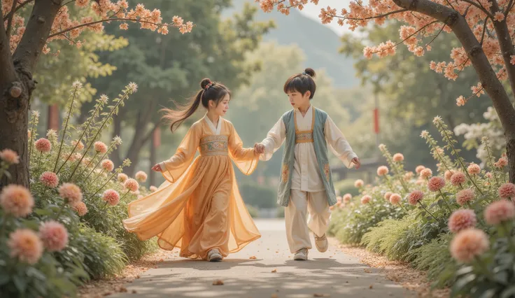 Tang Dynasty,Two people,Girl wearing Hanfu,Boy chasing girl ,Two people在花丛中欢笑。The boy suddenly stopped , and said to the girl in a playful tone : “When I grow up I must marry you and go home。” The girl looked down shyly , and his face turned red 。