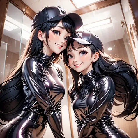 2 girls, In extremely tight shiny latex sweatshirt with baseball cap,  high resolution ,  masterpiece,  very long hair ,  black hair, Lens reflection, Reflected light, smile, Wide angle, hug, kiss