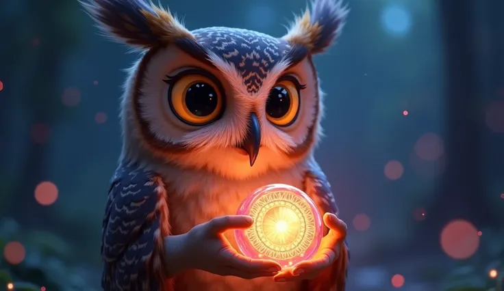  an image for a cartoon story of Disney-style YouTube videos, in Pixar format :  symbols appear on its surface. Close-up of the magic amulet in the clutches of Orion the owl. He has a large ,  expressive eyes,   shimmering with all the colors of the rainbo...