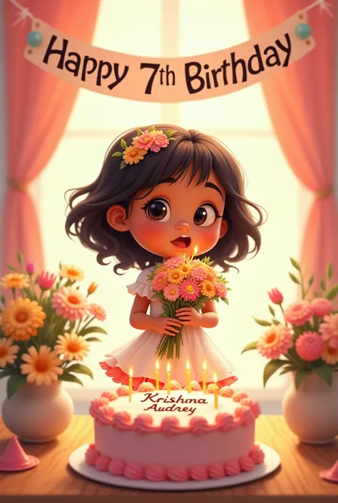 A  girl .wearing a white  pink .is holding a bouquet and in front of her is a birthday cake with her name written on it "Krishna Audrey”. And a banner above her written” Happy 7th birthday Krishna Audrey”.