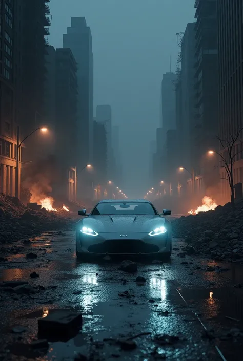 An intense night scene of a devastated city, with towering skyscrapers crumbling and debris scattered across the streets. A sleek gray car with its headlights piercing through the darkness sits amidst the destruction, casting long shadows. The environment ...