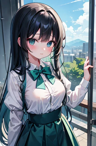 Green, the above, (  narrow his eyes :1.2), close,  one girl who is at ease, , , nsfw,Beautiful girl　 Wear a uniform,  light blue skirt ,  Long Skirt, Small Bow, Small Bow, Anime movies, big breasts、 black hair long hair, big breasts