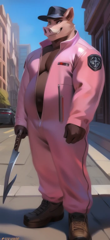 Solo,female Tall​, standing, street,Holding a sickle as a weapon and as a reaper.,Pig ,pink military spacesuit, overweight, big muscular, smirking, by chunie