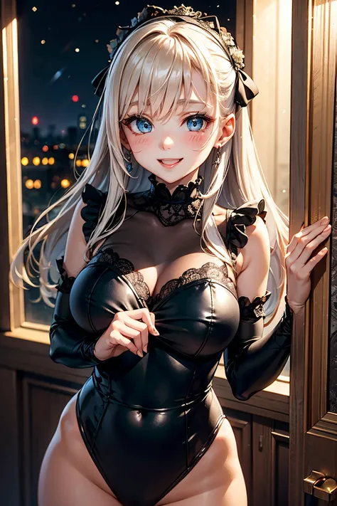 gothic lolita leotard, Tsundere,Western-style room,Night view outside the window, contemptuous eyes,  puff up your cheeks, Red face,  high definition ,  best quality,  high detail,  HD Model,  Very detailed,  Ultra High Definition,  textured skin , Frills,...