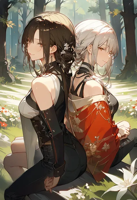 masterpiece, 2 female, back to back, backing each other, backing, dark brown hair, long hair, brown eyes, smiling gently, look away, white shirt, shirt by the shoulder, leather corset, black long pants, sitting, 1 female on the background, white long hair ...